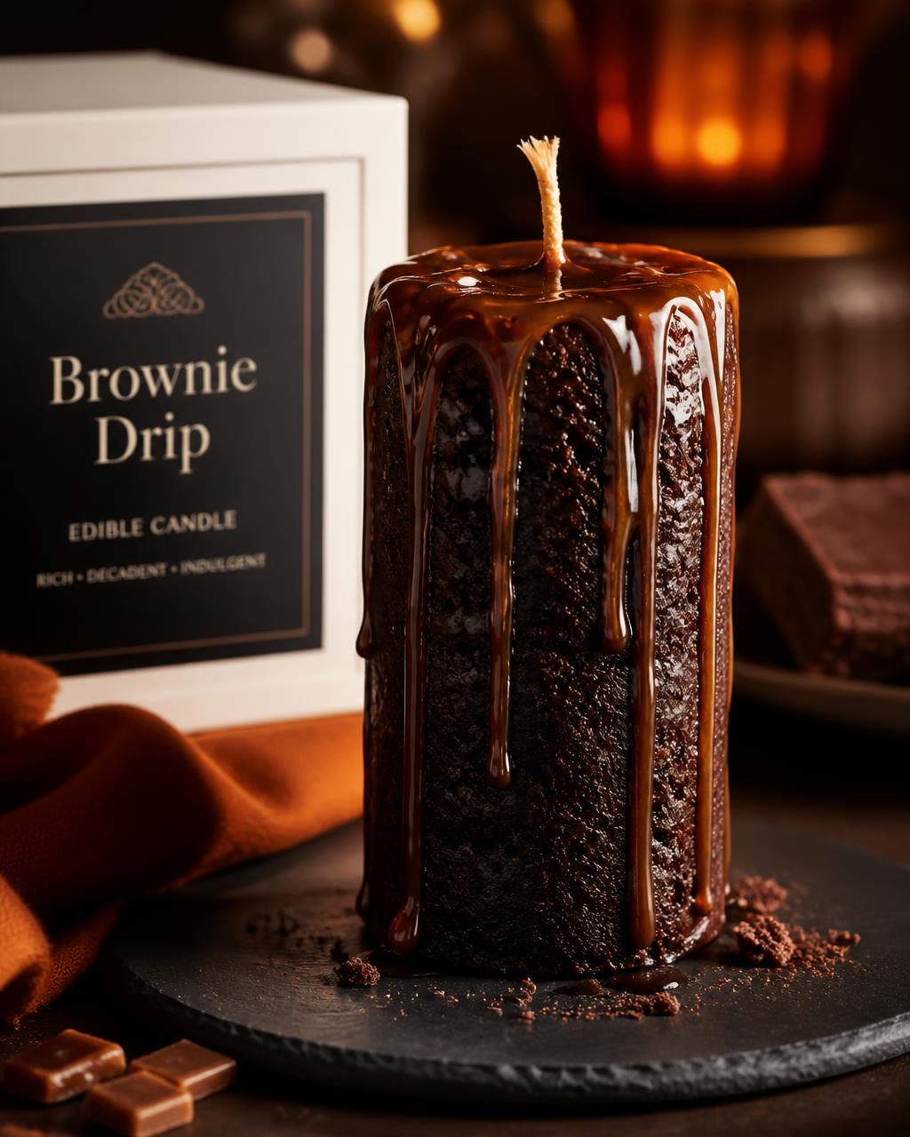 Edible Brownie Drip gourmet candle with glossy chocolate and caramel dripping down the sides