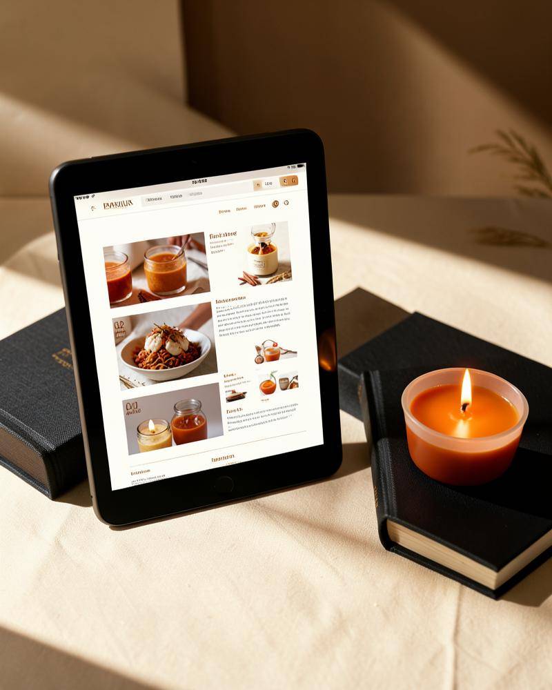 A digital gourmet candle recipe book displayed on a tablet