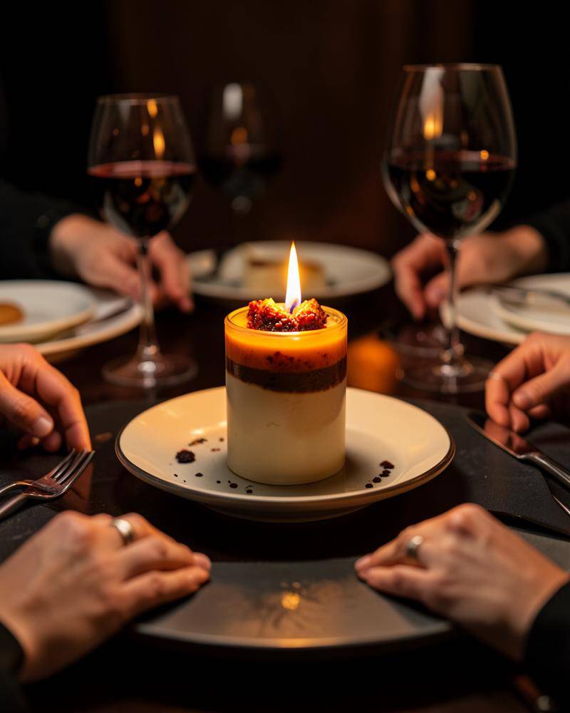 Dinner guests gathered around a glowing edible gourmet candle