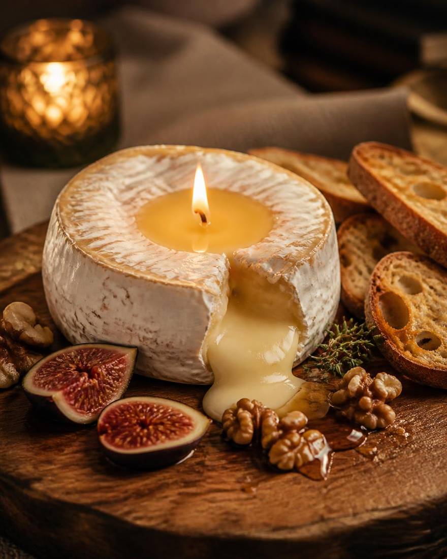 Brie cheese inspired edible candle with figs, walnuts and honey