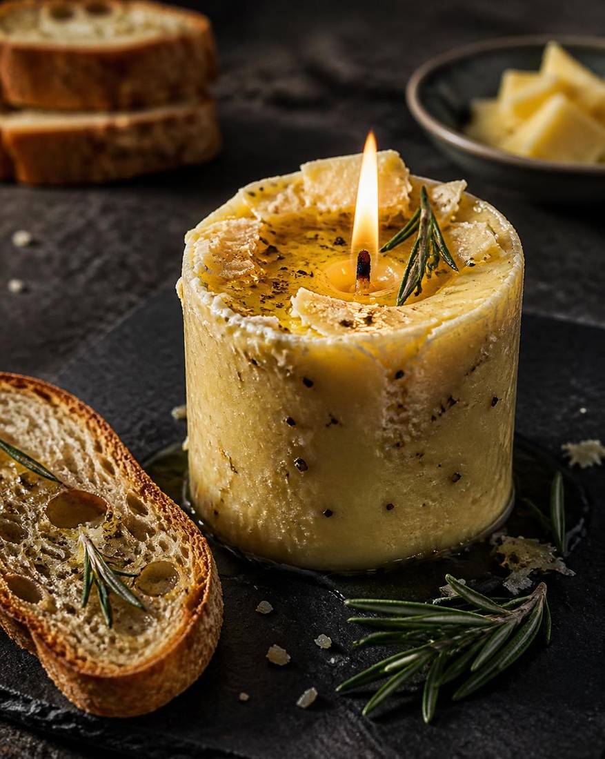 Savory edible candle of herb butter and aged cheese melting beside toasted bread