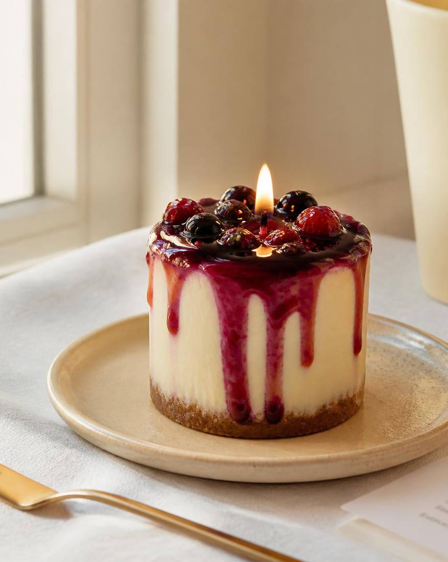 Cheesecake-inspired edible gourmet candle with berry compote and a lit edible wick