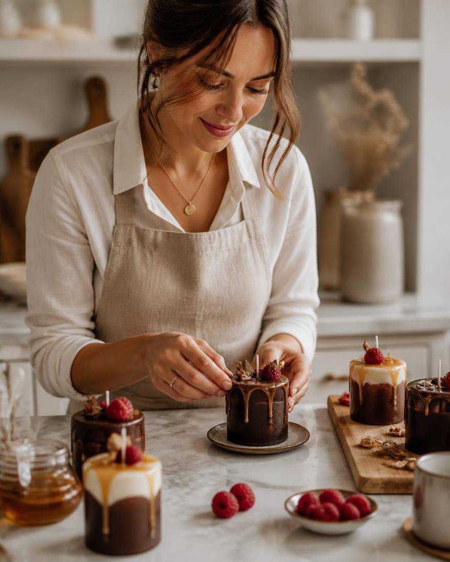 Woman in a warm kitchen carefully finishing a chocolate edible gourmet candle with caramel and raspberries